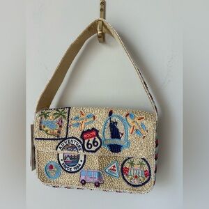 Viral Beaded Route 66 Embroidered Beige Striped Shoulder Bag